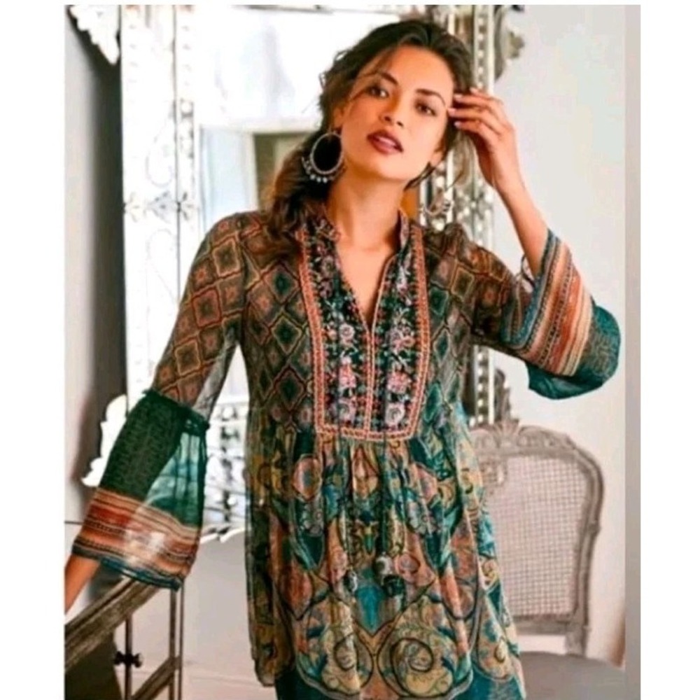 Soft Surroundings Emerald Shira Peasant Blouse Top Beaded Tassels Boho‎ Size MP